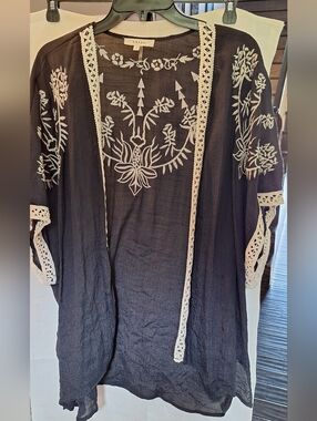 Entro Black Embroidered Sheer Kimono Cardigan Boho Festival Top